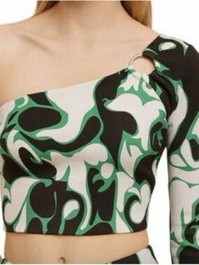 NWT ZARA One-Shoulder Crop Top with Ring Detail - Green Black White Print
